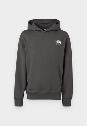 Kohlefarbener Kapuzenpullover mit Vordertasche und "The North Face 1966"-Logo auf der oberen linken Brustseite.