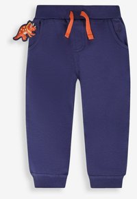 Pantaloni de trening bleu închis cu un talie elastică și șnur portocaliu. Au două buzunare laterale și o broderie cu dinozaur pe partea stângă.