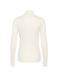 Long-sleeve turtleneck top in cream-colored fabric, featuring a fitted design and smooth texture with no visible patterns or accents.