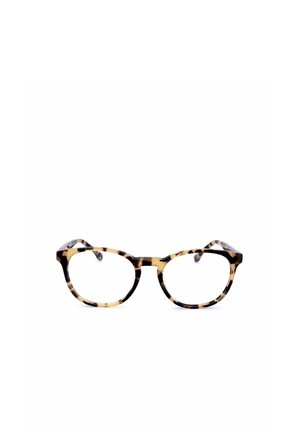 Occhiali rotondi con montatura a motivo tartarugato nelle tonalità di marrone e nero, esposti su uno sfondo bianco.