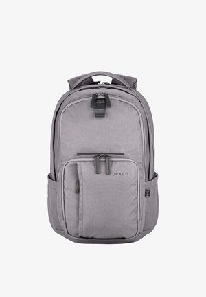 Grijze stoffen rugzak met meerdere met ritssluitingen afgesloten vakken, zijvakken, gevoerd handvat en "Tucano"-logo op het voorvak.