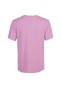 T-shirt s krátkým rukávem v jemné pastelově růžové bavlně, s designem kruhového výstřihu, na zadní straně má hladký povrch bez ozdob či vzorů.