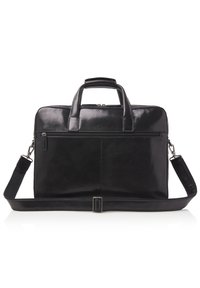 Bolso de portátil de cuero negro con dos asas superiores, una correa para el hombro desmontable y un bolsillo delantero con cremallera. Textura suave y diseño estructurado.