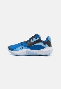 Blue athletic shoe with a mesh upper, black and light blue accents, cushioning sole, and textured tread for grip. Laced design.