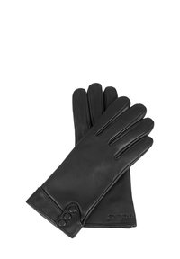 Par de guantes de cuero negros con detalles de botones en los puños, dispuestos de forma plana y superpuestos sobre un fondo blanco.