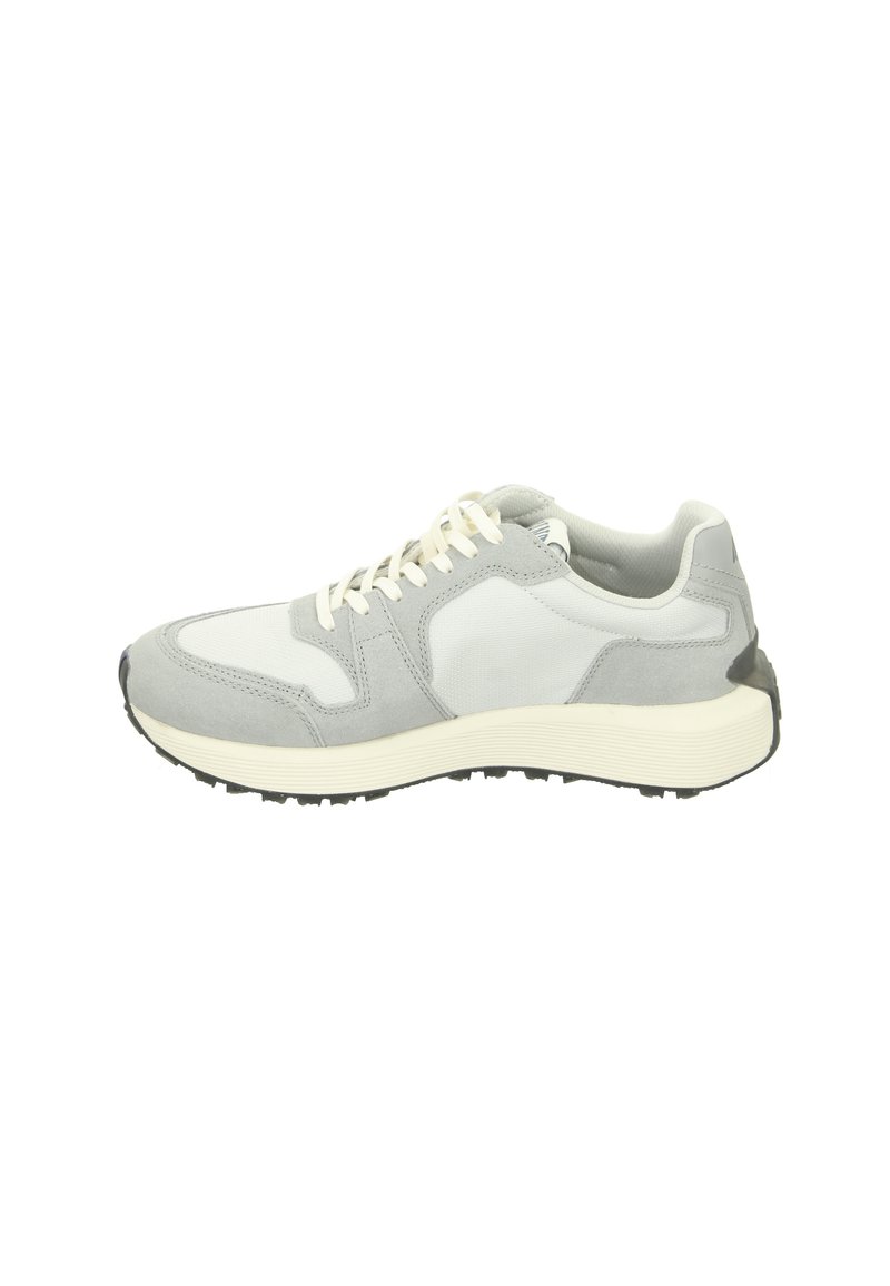 Light gray athletic shoe with a mix of textured suede and smooth fabric. Features white laces, a cushioned sole, and a durable black outsole.