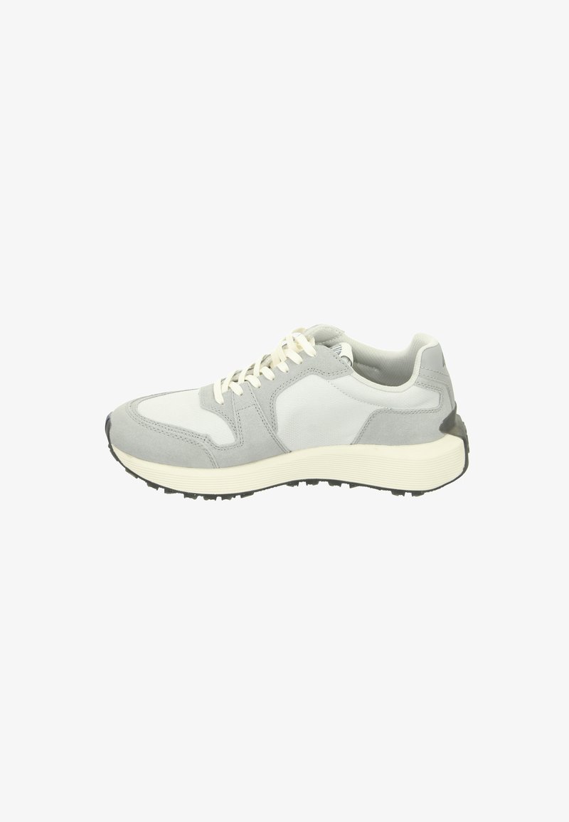 Light gray athletic shoe with a mix of textured suede and smooth fabric. Features white laces, a cushioned sole, and a durable black outsole.