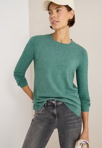 Maglione verde lavorato a maglia con scollo rotondo e polsini a coste, abbinato a jeans grigi. La texture appare morbida e comoda.