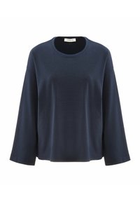 Marineblaues Langarmshirt aus weichem Stoff mit rundem Halsausschnitt und lässiger Passform. Verfügt über heruntergezogene Schultern und eine glatte Textur.