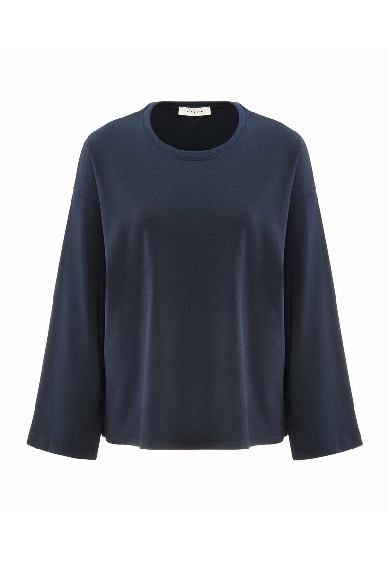 Marineblaues Langarmshirt aus weichem Stoff mit rundem Halsausschnitt und lässiger Passform. Verfügt über heruntergezogene Schultern und eine glatte Textur.