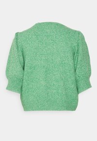 Maglione verde lavorato a maglia con una finitura testurizzata, maniche a sbuffo corte e scollatura rotonda. Il retro presenta un design uniforme senza decorazioni.
