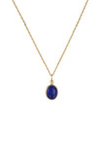 Guld kæde med vedhæng af oval lapis lazuli. Vedhænget har en dyb blå farve med en glat tekstur og poleret finish.