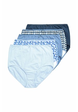 Fünf Paar Damenbaumwollslips in verschiedenen Blautönen, mit einfarbigen Designs und Mustern, die Akzente wie Schleifen und karierte Motive zeigen.