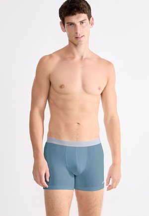 Herrenboxershorts in Hellblau, aus glattem Stoff gefertigt, mit einem grauen elastischen Bund und einer engen Passform, ohne sichtbare Muster oder Logos.