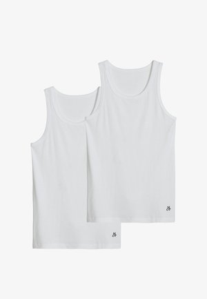 Zwei schlichte weiße ärmellose Tanktops mit rundem Ausschnitt, die auf einem weißen Hintergrund übereinanderliegen.