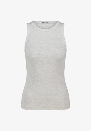 Gray ribbed tank top with a round neckline and no sleeves. The fabric appears soft, and there is a label at the neck stating "AMERICA TODAY."