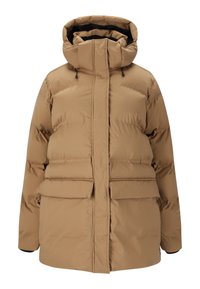 Tan pufferjakke med høj krave, bred hætte, frontlynlås og to store frontlommer. Kviltet tekstur med en blød finish.