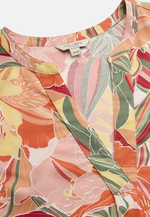 Bluse mit floralem Muster mit grünen, orangefarbenen, gelben und pinken Blättern und Blumen, mit V-Ausschnitt und Cellbes-Größenetikett 38/40.