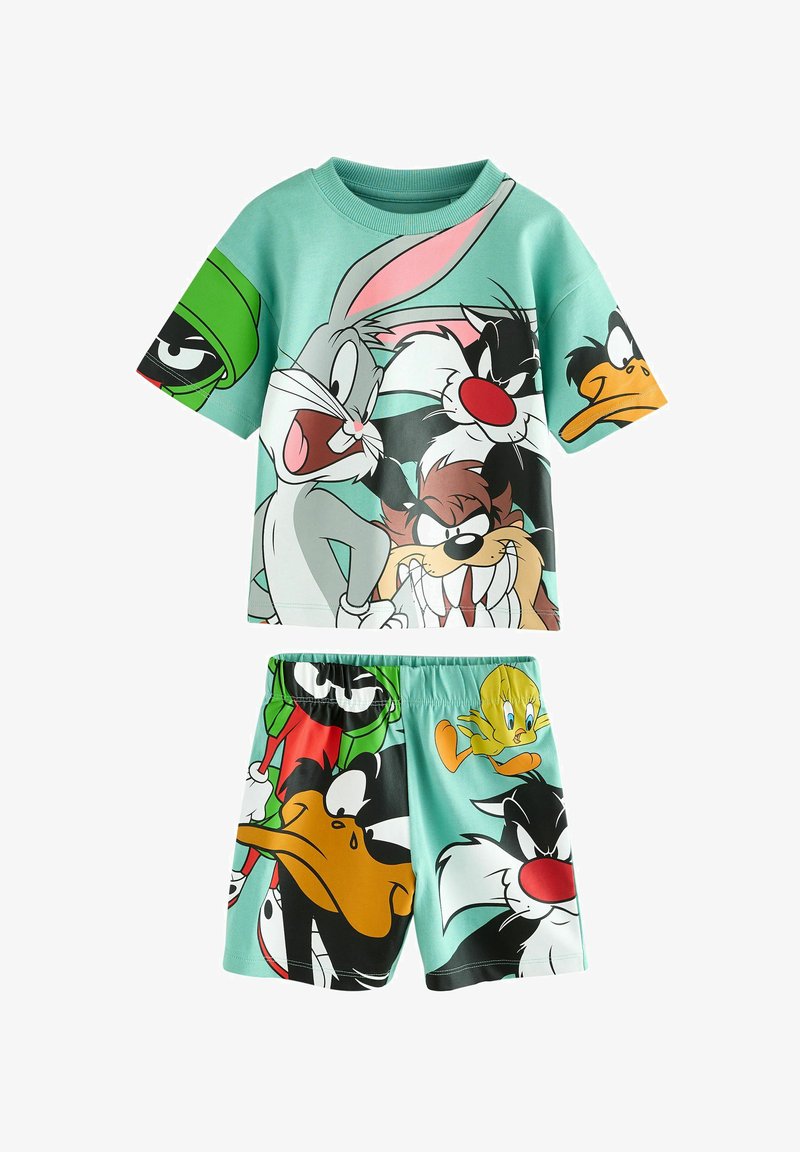 Completo per bambini azzurro chiaro con maniche corte e pantaloncini che presentano grandi volti colorati dei personaggi di Looney Tunes.