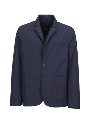 Casual mornarsko plavi sako s izrezanim reverima, dva prednja džepa našašena, jednim džepom na prsima i zatvaranjem na dva gumba.