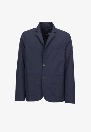 Casual blazer in marineblauw met inkeping revers, twee voorzakken, één borstzak en een sluiting met twee knopen.
