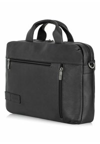 Czarna skórzana torba na laptopa z podwójnymi uchwytami, głównym zapięciem na zamek oraz przednią kieszenią na zamek, z delikatną teksturą i detalami logo.