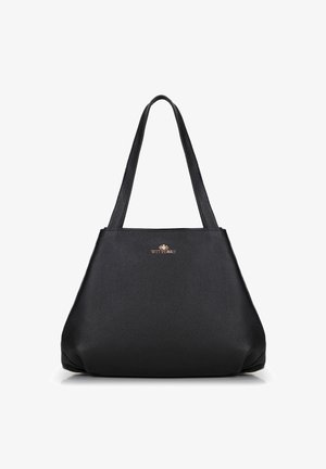 Borsa tote in pelle nera con finitura testurizzata, due manici per spalla e un accento con logo dorato sul davanti. Silhouette svasata.