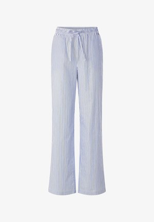 Pantaloni a righe verticali blu e bianche, a vestibilità ampia, con elastico in vita e coulisse frontale.