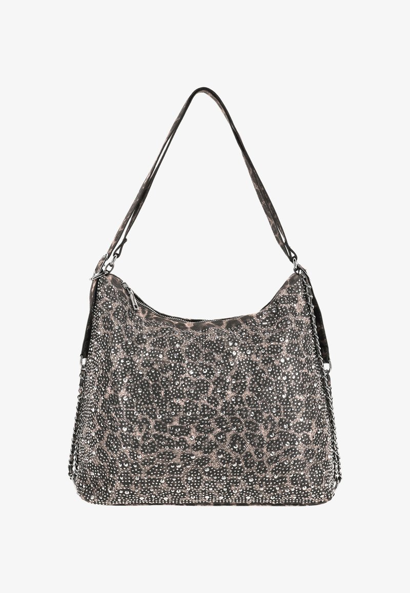 Hobo-tas met een luipaardpatroon en metalen versieringen, gemaakt van gestructureerde stof in zwart en lichtroze tinten, met een schouderriem.