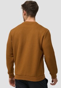 Brauner, strukturierter Sweatshirt mit gestepptem Muster, Rundhalsausschnitt sowie gerippten Bündchen und Saum. Von hinten vor einem neutralen Hintergrund dargestellt.