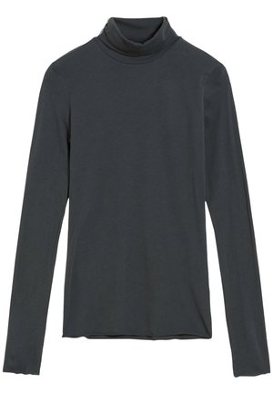 Ciemnoszara koszulka z długim rękawem i golfem, o jednolitym wzorze i lekko pomiętej tkaninie, pokazana na płasko na białym tle.