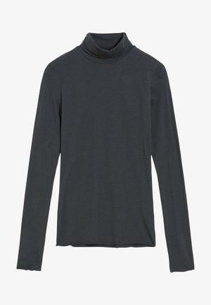 Ciemnoszara koszulka z długim rękawem i golfem, o jednolitym wzorze i lekko pomiętej tkaninie, pokazana na płasko na białym tle.