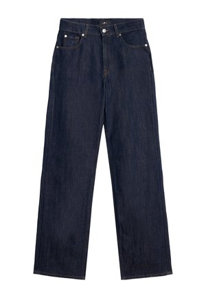 Donkerblauwe rechte spijkerbroek met knopen en rits aan de voorkant, riemlussen en vijf zakken.