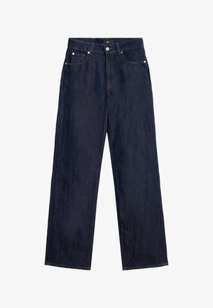 Donkerblauwe rechte spijkerbroek met knopen en rits aan de voorkant, riemlussen en vijf zakken.