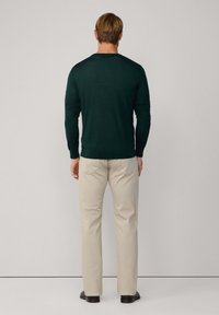 Uomo di spalle che indossa un maglione a maniche lunghe verde scuro, pantaloni beige e scarpe nere, su uno sfondo chiaro e semplice.