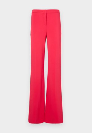 Hlače širokih hlačnic v svetlo roza barvi, narejene iz gladkega, lahkotnega materiala. Pas vsebuje zaponko z gumbom in ima ravno sprednjo zasnovo.