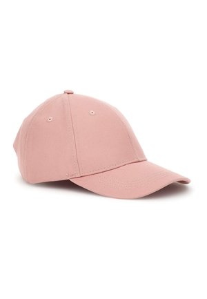 Hellrosa Baumwoll-Baseballkappe mit gebogenem Schirm und gestickten Belüftungsösen auf weißem Hintergrund.