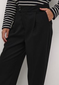 Pantalons noirs ajustés avec des plis, présentant une taille haute et deux boutons à la ceinture. Le tissu semble lisse et structuré.