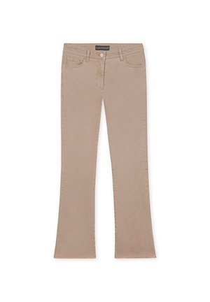 Beige Schlaghosen aus weichem Stoff mit glatter Textur, fünf Taschen und einem Knopfverschluss. Der Saum hat einen fransigen Rand.