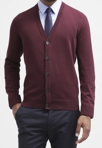 Uomo che indossa un cardigan bordeaux con bottoni sopra una camicia azzurro chiaro e una cravatta blu navy, con pantaloni blu navy, mani rilassate ai lati.