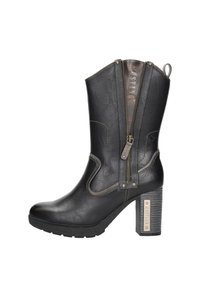 Zwarte leren enkelboot met een rits aan de zijkant, gestikte details en een gestructureerde blokhak. Voorzien van een ronde neus en een trekpull.