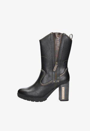 Schwarze Lederstiefelette mit einem seitlichen Reißverschluss, gesteppten Details und einem strukturierten Blockabsatz. Verfügt über eine abgerundete Spitze und eine Zuglasche.