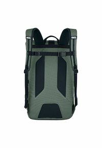 Green fabric backpack with black accents, featuring adjustable straps, a large main compartment, and a structured design for support.