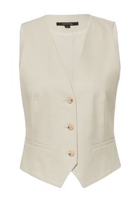 Beżowa kamizelka bez rękawów z wyłamiącym kołnierzem, trzema guzikami z przodu i kieszeniami po bokach. Wykonana z teksturowanej tkaniny, co nadaje wyszukany wygląd.