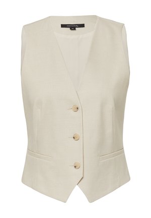 Beżowa kamizelka bez rękawów z wyłamiącym kołnierzem, trzema guzikami z przodu i kieszeniami po bokach. Wykonana z teksturowanej tkaniny, co nadaje wyszukany wygląd.