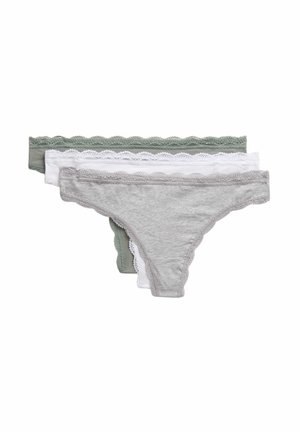 Tre par damunderkläder i grått, vitt och grönt. Tillverkade av bomull med böljande spetskant längs midjan.