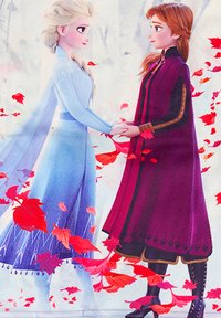 Dos personajes animados de la mano. Uno viste un vestido azul claro con una capa ondeante, el otro lleva un vestido burdeos profundo con acentos de hojas. Hojas rojas los rodean.