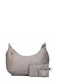Borsa hobo in pelle grigia con una superficie liscia, dotata di una cerniera argentata e di un lungo manico intrecciato; include un portafoglio abbinato e una pochette per le chiavi.