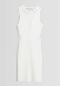 Robe moulante blanche côtelée avec un décolleté profondément en V et des découpes à la taille. Caractérisée par un design sans manches et une silhouette ajustée.