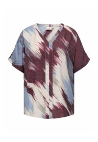 Blouse à manches courtes en tissu léger, dotée d'un col en V, avec un motif abstrait multicolore dans des tons de bordeaux, bleu et crème.